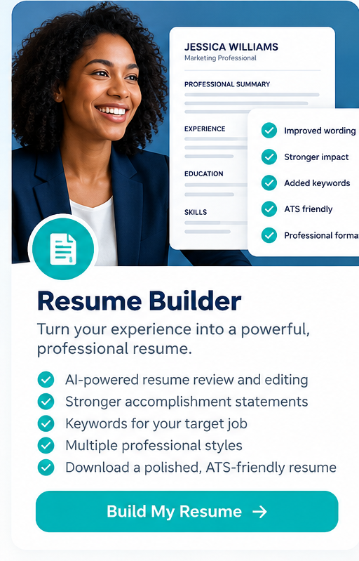 Your Next Job Now resume-builder illustration with a woman and resume improvements