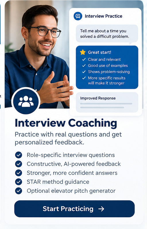 Your Next Job Now interview-coaching illustration with a man practicing an answer