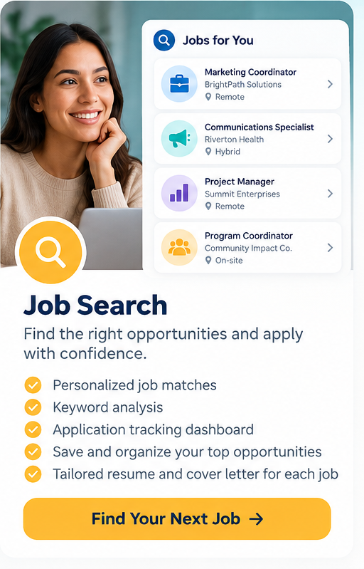 Your Next Job Now job-search illustration with a woman and sample opportunities